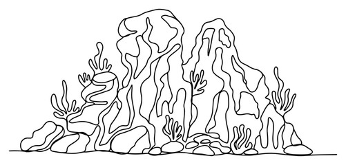 Coral reef underwater rocks and sea plants in continuous line art style © Alicja