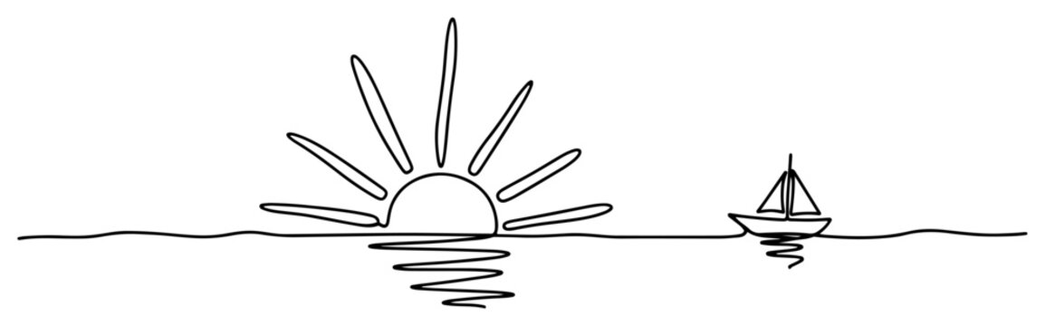 Seascape sunset with setting sun and minimalist sailboat drawn in minimalist single continuous line art style