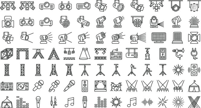 Stage lighting icons set with spotlights projectors truss equipment concert music line vector illustration isolated on white