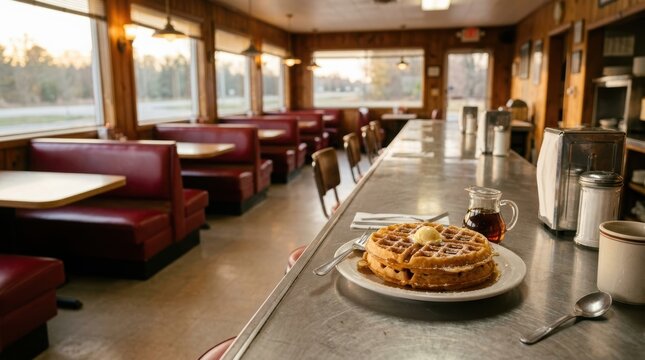 Waffles with butter and syrup on a plate in a vintage diner. American restaurant interior with red booths and metal counter. Breakfast meal served in a classic roadside cafe setting.