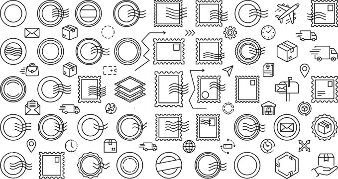Postage stamps icons set with postmarks mail delivery shipping line vector illustration isolated on white background