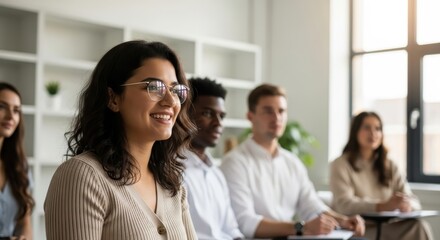 Obraz premium Smiling Young Woman with Glasses Attending a Seminar with Diverse Group of Students in a Bright Modern Classroom