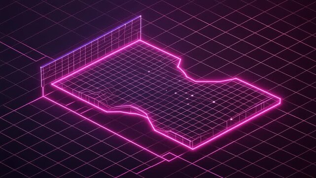 Glowing pink neon grid platform moving in a dark digital space for abstract motion video footage