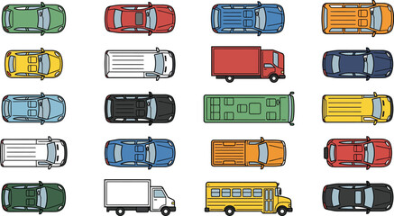 Color vector top view vehicle icon set for CAD planning. Transportation symbols including cars, vans, trucks, and buses for site plans, parking layouts, and urban design diagrams © ProPixel Studio