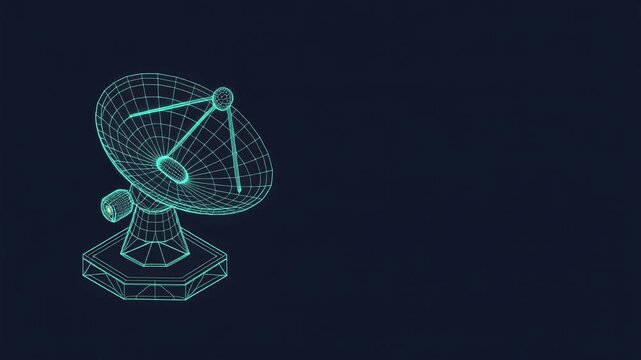 Rotating satellite dish antenna wireframe model showing digital space communication motion in a dark blue environment