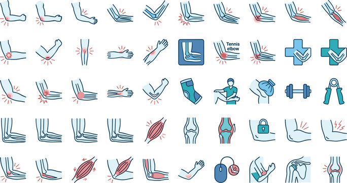 Elbow joint pain medical icon set vector illustration for arm injury inflammation tendonitis anatomy therapy isolated.