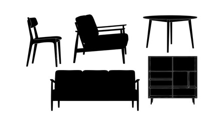 Fototapeta premium Silhouettes of modern furniture set including sofa chairs table and shelving unit on white background