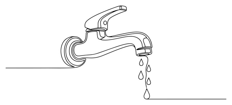 Water faucet with dripping drops from tap in minimalist continuous line art style