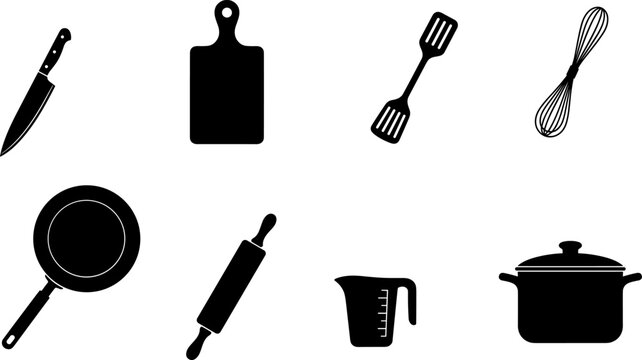 Kitchen utensils and cooking tool vector icon set featuring black silhouettes of chef knife cutting board frying pan and pot
