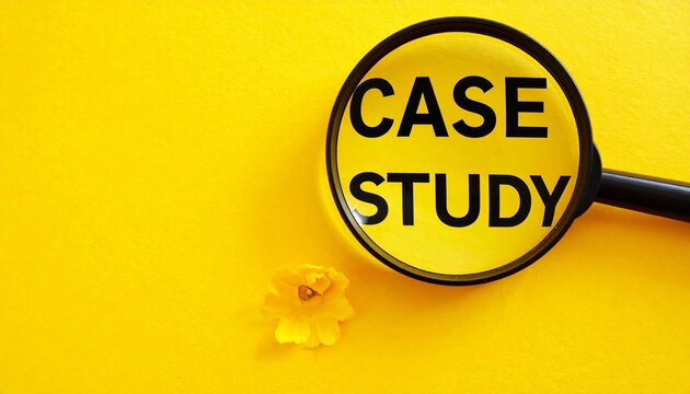 Magnifying Glass Highlighting Case Study Text on Bright Yellow Background with Small Flower Representing Research and Analytical Focus