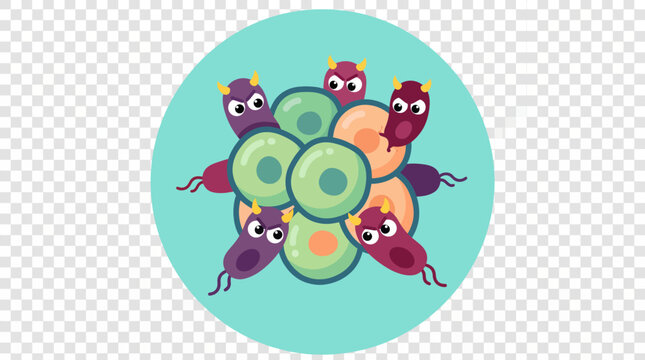 Colorful cartoon insects on green circle.