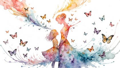 Fototapeta premium Emotional Watercolor Mother and Daughter Silhouette with Colorful Butterflies and Abstract Paint Splashes 