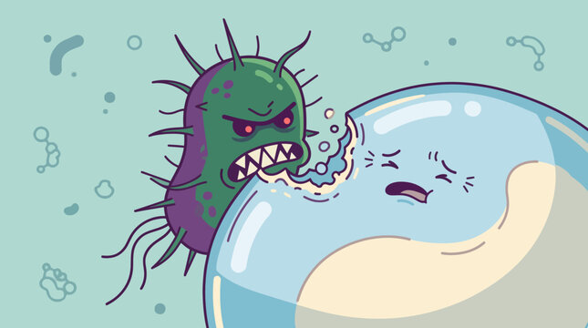 Virus attacking a cell with fangs.