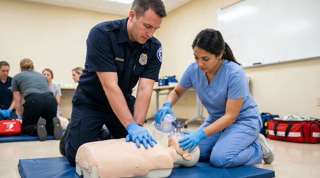Paramedic and nurse practicing CPR on training mannequin in classroom for emergency medical education, resuscitation simulation and first aid learning.