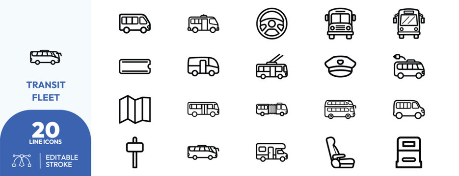 Transit Fleet icon set. Buses, trains, vehicles, commuting, urban transport, and more. Editable stroke. Vector illustration.