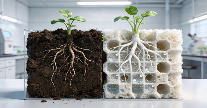 Comparison of a green plant growing roots in traditional dark soil versus a modern porous hydroponic substrate cube with water droplets in a lab.