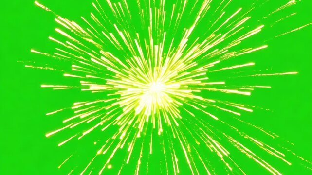 Colorful digital fireworks explosion with vibrant rays against a bright green background