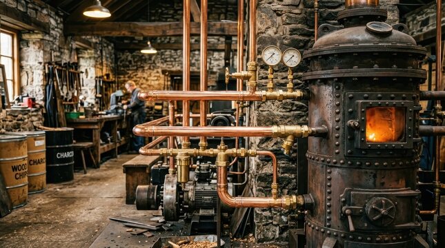 Intricate Copper Piping System in a Vintage Industrial Workshop with Steam Machinery