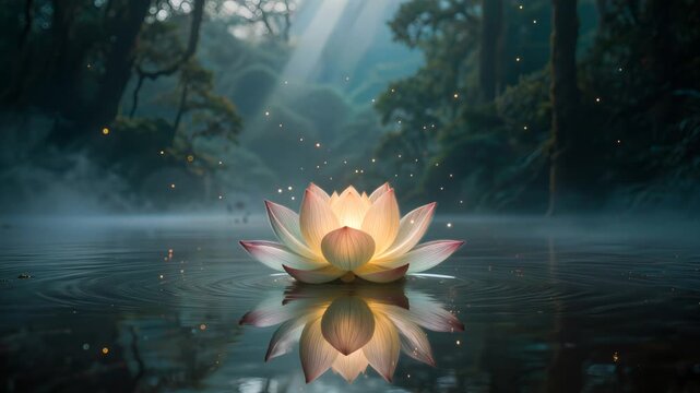 Glowing lotus on calm water with expanding ripples. Seamless meditation loop. Spiritual self care background. Zen healing video backdrop.