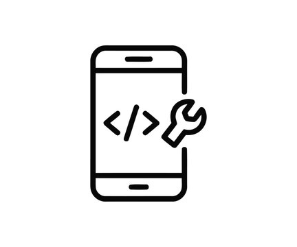 PrintTitle: Mobile app development bug fixing code and wrench icon