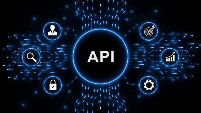 Digital API interface for artificial intelligence business process automation data analysis autonomous workflow orchestration and futuristic technology innovation concept. animation