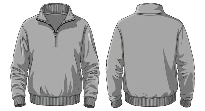 Casual Grey Quarter Zip Pullover Sweatshirt Mockup Set Showing Front and Rear Views for Sportswear Fashion Design
