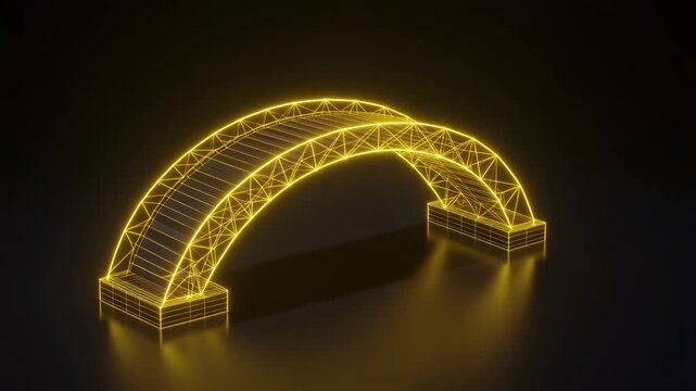 Glowing yellow wireframe bridge animation showing structural engineering design concepts in a dark digital motion space