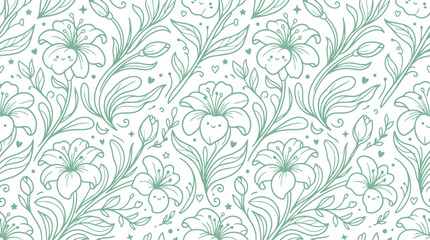 Floral Seamless Pattern Cute Kawaii Flower Line Art Background