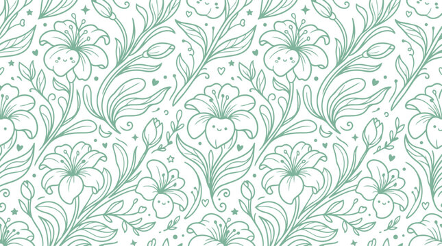 Floral Seamless Pattern Cute Kawaii Flower Line Art Background