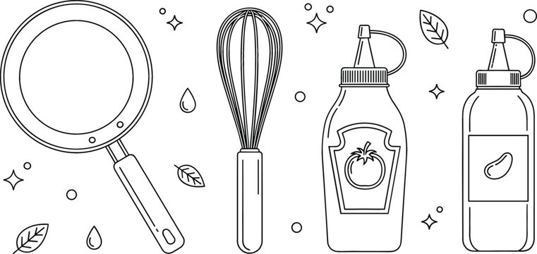 Kitchen utensil vector doodle set with frying pan whisk tomato ketchup squeeze bottle mustard sauce and leaf outline