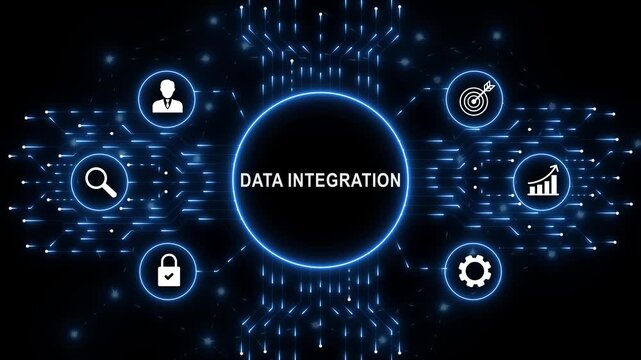 Digital Data Integration interface for artificial intelligence business process automation data analysis autonomous workflow orchestration and futuristic technology innovation concept. animation