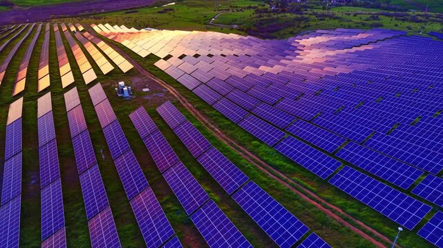 Solar station panel rows bisected by a dirt road. Geometric pattern overview showing purple and orange sky reflection on photovoltaic cells in a green field.