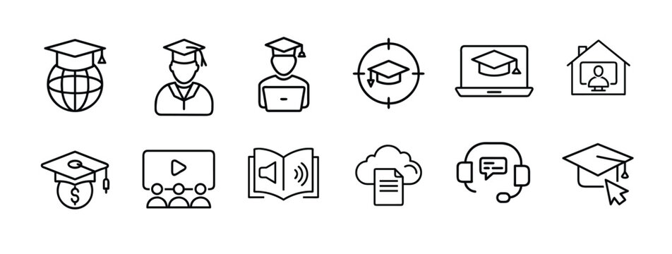 Online education e-learning distance learning web line icons set graduation cap student laptop global target home class & more vector illustration with editable stroke