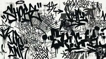 Street art graffiti background with black ink tags, scribbles and abstract shapes wall © Saharia