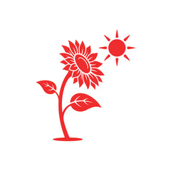Fototapeta premium Red sunflower with a stem, two leaves, and a sun symbol, isolated on a white background, flat for agricultural branding