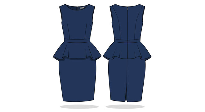 Professional Navy Blue Sleeveless Peplum Dress Technical Flat Fashion Sketch Front and Back View Design Template
