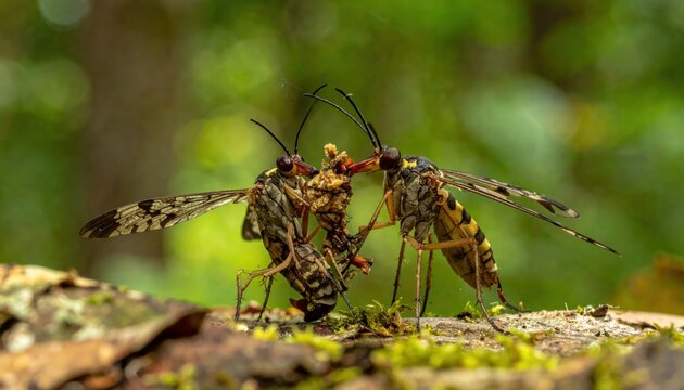 Two Scorpionflies Engage in Courtship Ritual on Mossy Branch Amidst Green Forest Bokeh