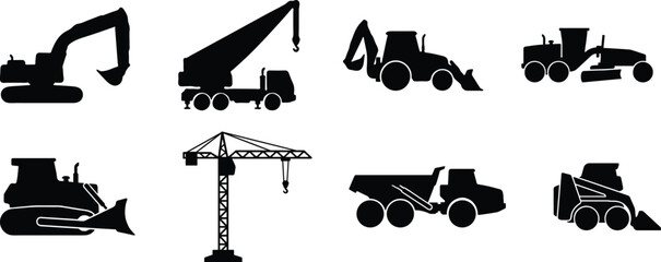 Construction Machinery Silhouettes Set with Excavator Crane Truck and Heavy Equipment © New World