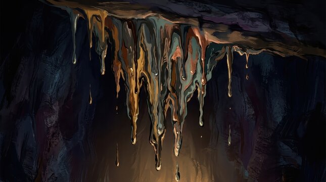 Viscous dripping formations suspended from a dark cavern ceiling, creating an otherworldly, organic spectacle