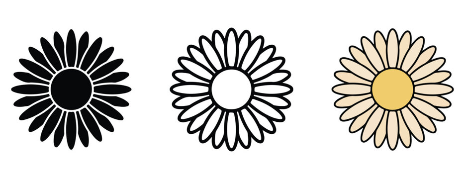 flower icons in different styles  black outline  white center  beige petals with yellow center