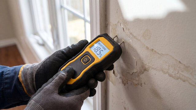 Moisture meter device reading damp wall concept for water damage detection and home inspection including humidity testing and property maintenance diagnostic tool