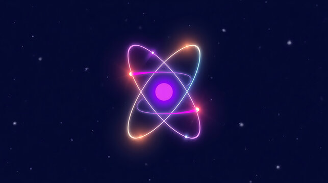 This image is a vibrant digital illustration of an atomic model featuring glowing neon rings in shades of pink and blue