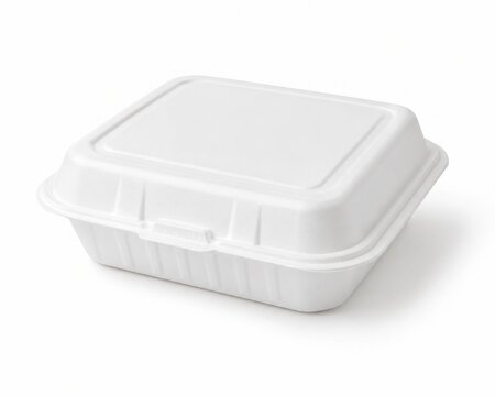 A white styrofoam takeout container with a lid on a white background