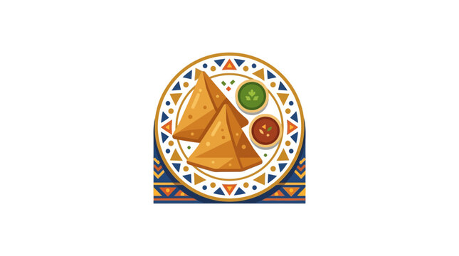 Indian Samosa Snack with Green and Red Chutney Served on Decorative Plate