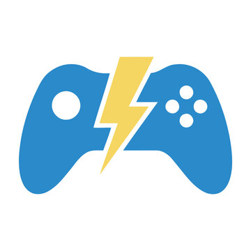 Blue video game controller with yellow lightning bolt