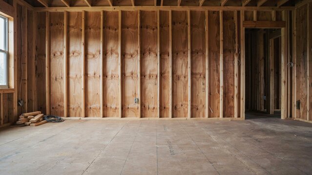 Wooden wall studs form the frame of an unfinished interior room during a residential house construction project.