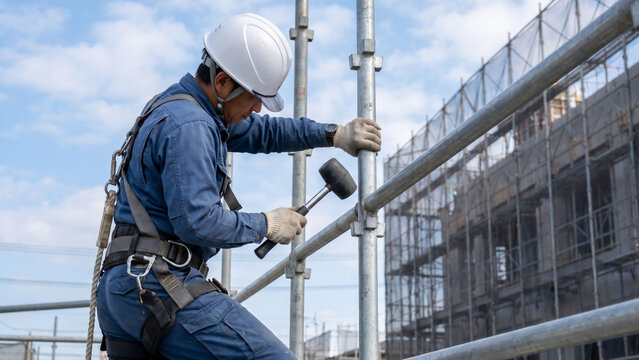 青空の下で安全帯を着用した作業員が建設現場の足場をハンマーで固定する安全管理と仮設工事の施工イメージ