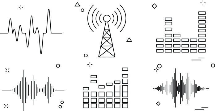 Radio tower vector doodle set with signal antenna sound wave audio equalizer frequency bar pulse and music icon