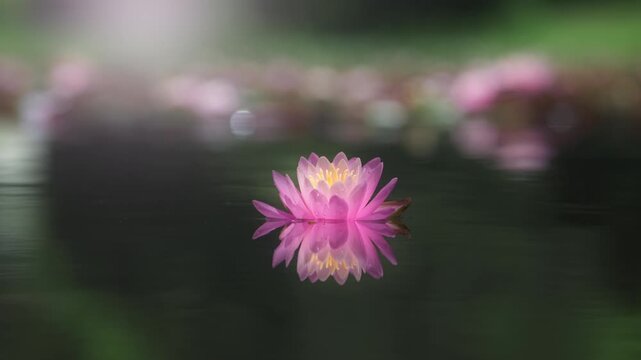 Pink lotus flower or waterlily reflected on the water surface of a pond with sunshine. Slowmotion