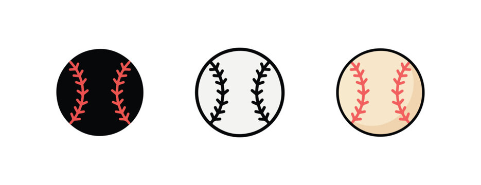 baseballs in different colors with red and black stitching isolated on white background